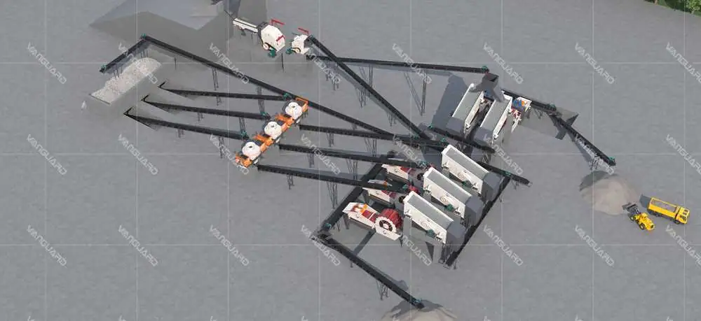 Panorama de una planta de arena manufacturada: fabricante de arena, criba y lavadora en conjunto
